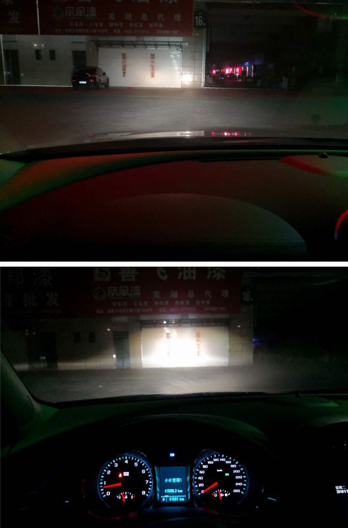 2013款迈锐宝车灯升级前、后远光效果的对比